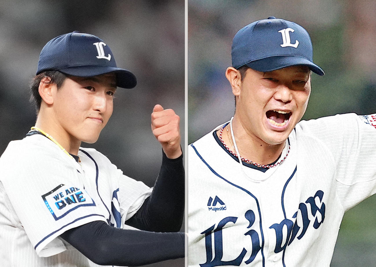 西武隅田知一郎（左）と内海哲也投手兼任コーチ