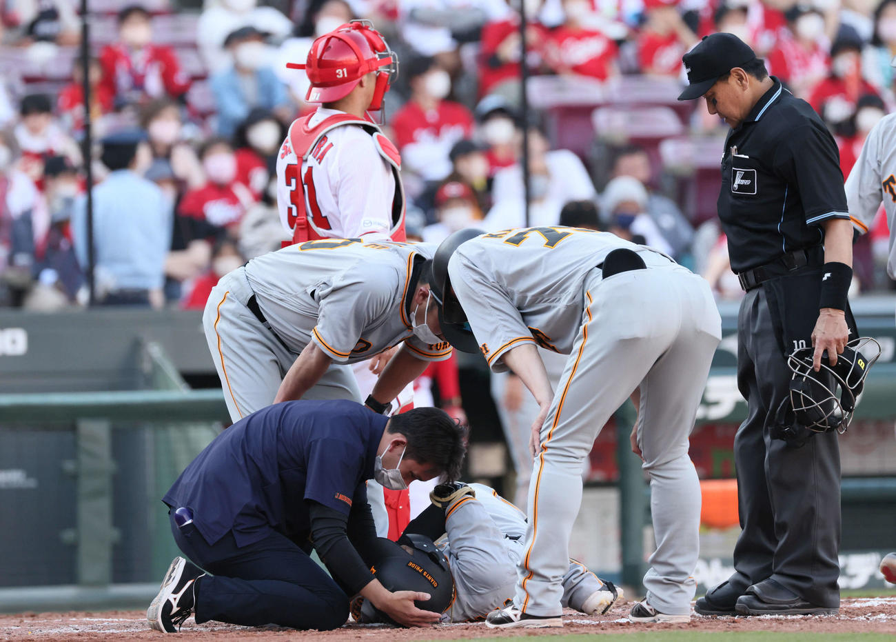 広島対巨人　8回表巨人2死三塁、死球を受け倒れ込む吉川尚（撮影・加藤孝規）
