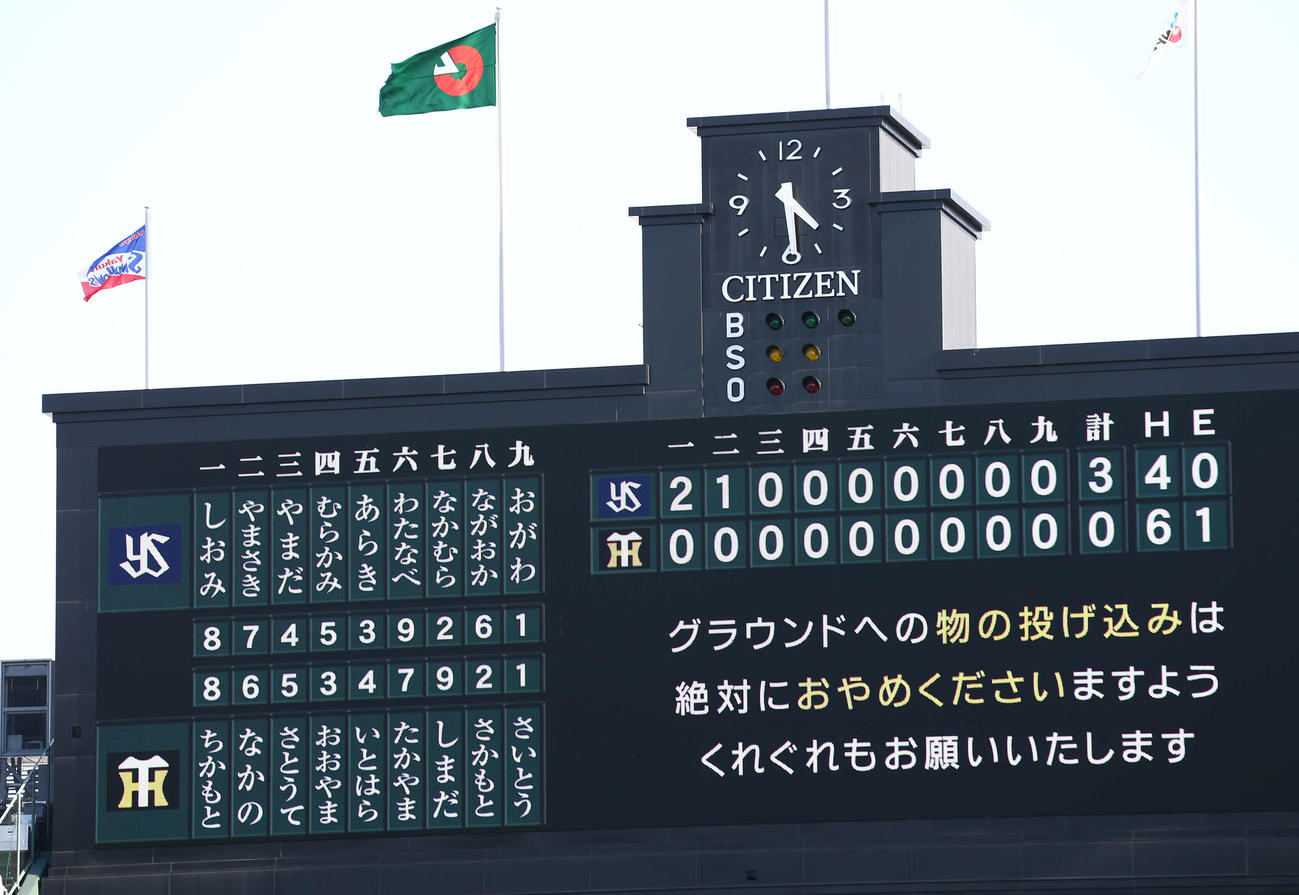 3日、ヤクルト戦で0が並んだ阪神のスコアボード（撮影・上山淳一）