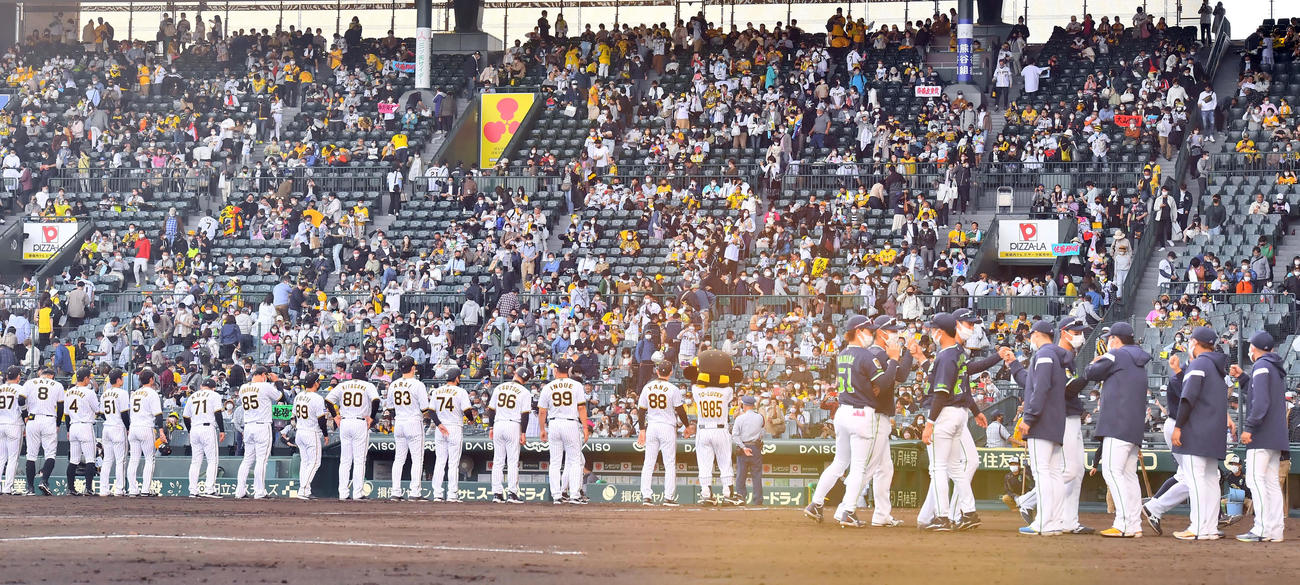 阪神対ヤクルト　ヤクルトの勝利のハイタッチを見ながらファンにあいさつする阪神ナイン（撮影・和賀正仁）