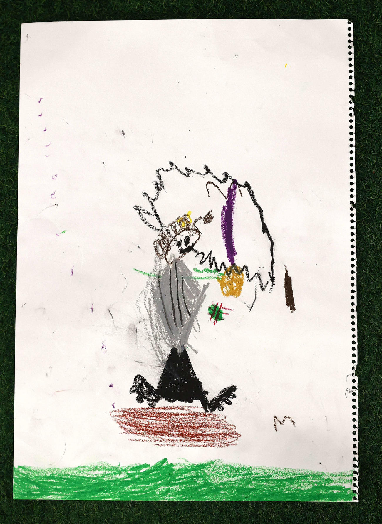 ウィルカーソンの長男ボーディー君（3歳）が書いた絵（撮影・上田博志）