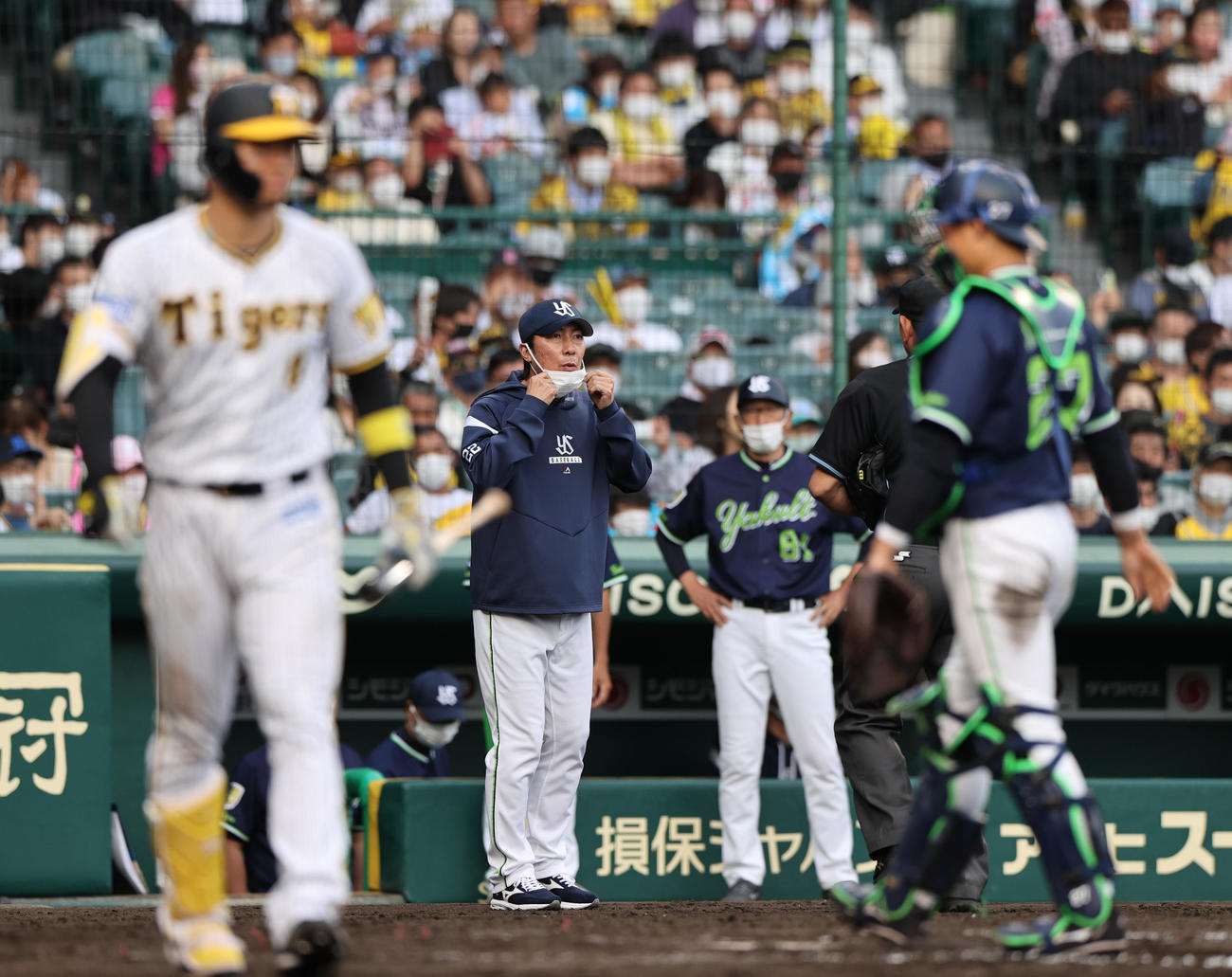 阪神対ヤクルト　9回裏阪神1死二塁、ヤクルト高津監督（左から2人目）は佐藤輝（左）の申告敬遠を主審に告げる（撮影・上山淳一）