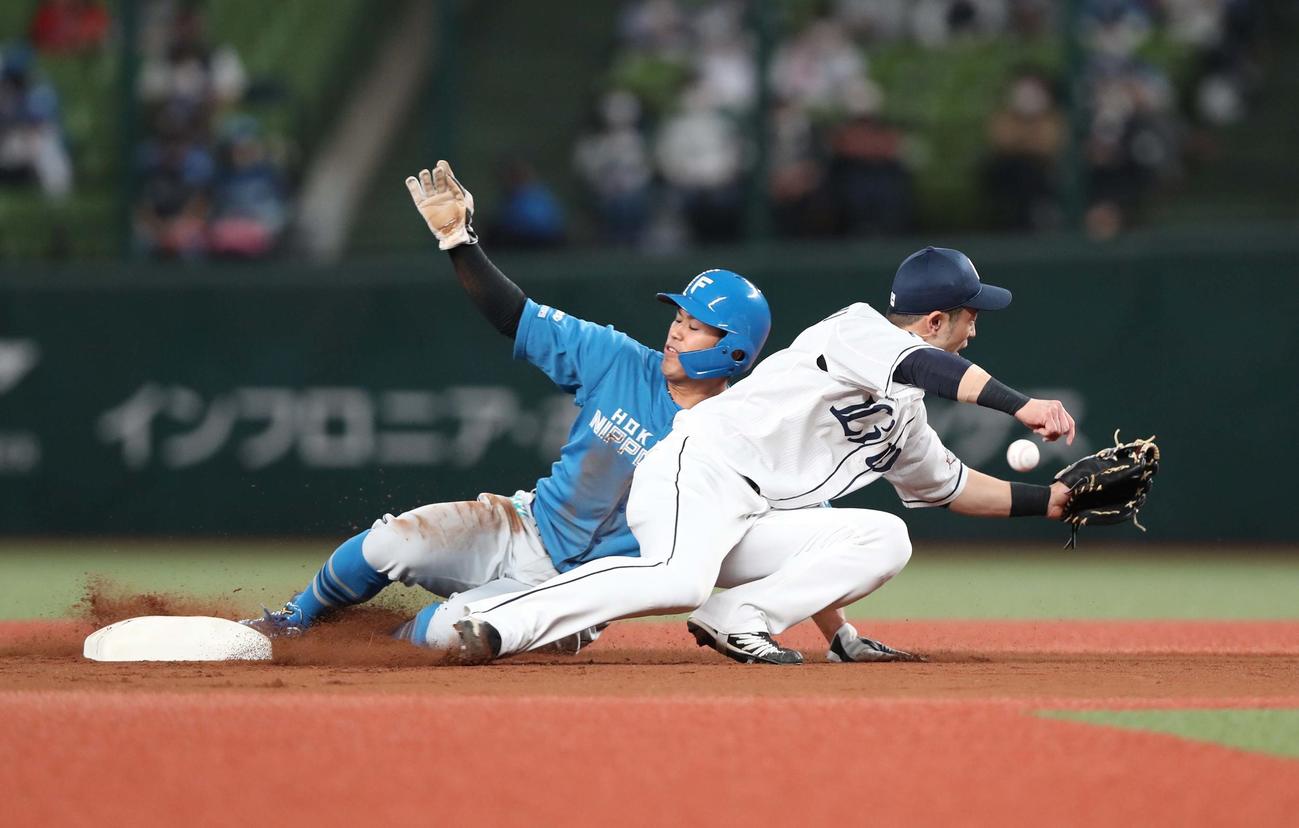 西武対日本ハム　3回表日本ハム1死一塁、梅林の遊ゴロを源田が二塁に悪送球する。二塁手外崎、一塁走者今川（撮影・黒川智章）