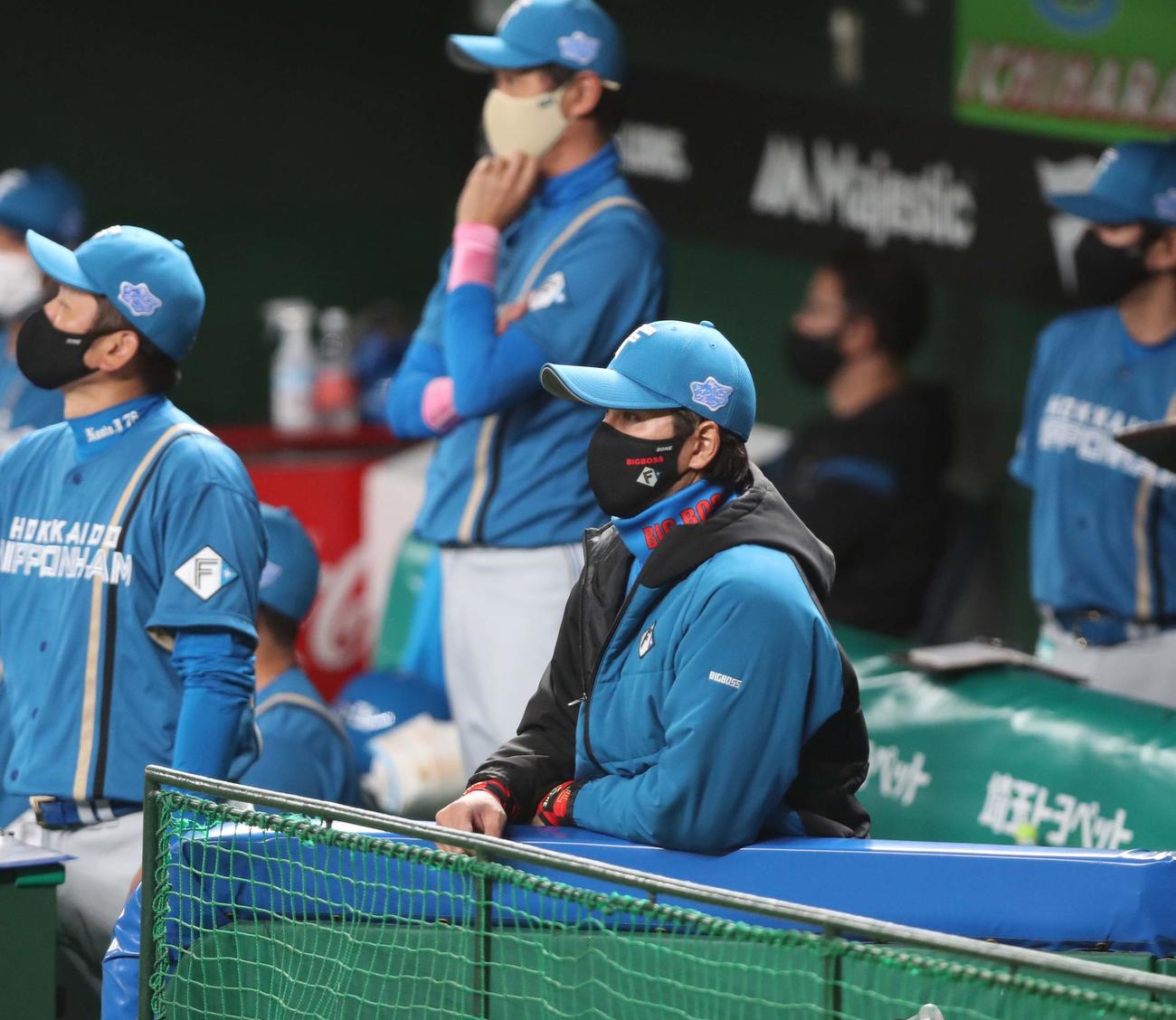 西武対日本ハム　ベンチで試合を見つめる新庄監督（撮影・黒川智章）