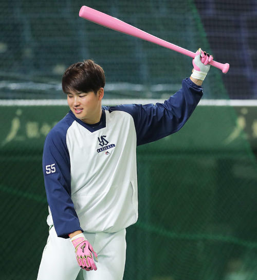 巨人対ヤクルト　試合前、ピンクのバットで練習に臨むヤクルト村上（撮影・河田真司）