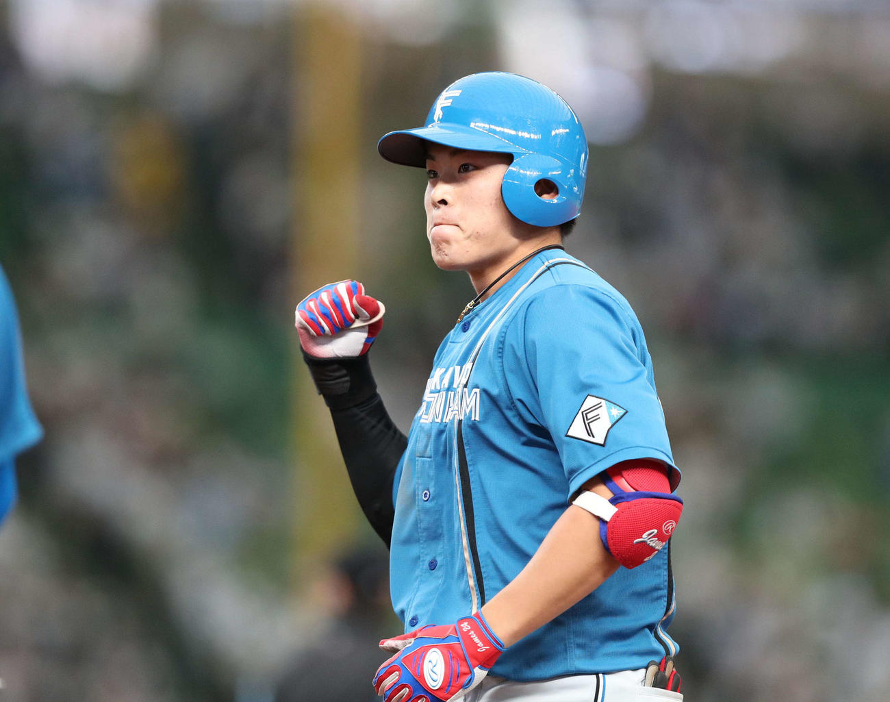 西武対日本ハム　6回表日本ハム無死一、三塁、右前適時打を放ちガッツポーズの野村（撮影・黒川智章）