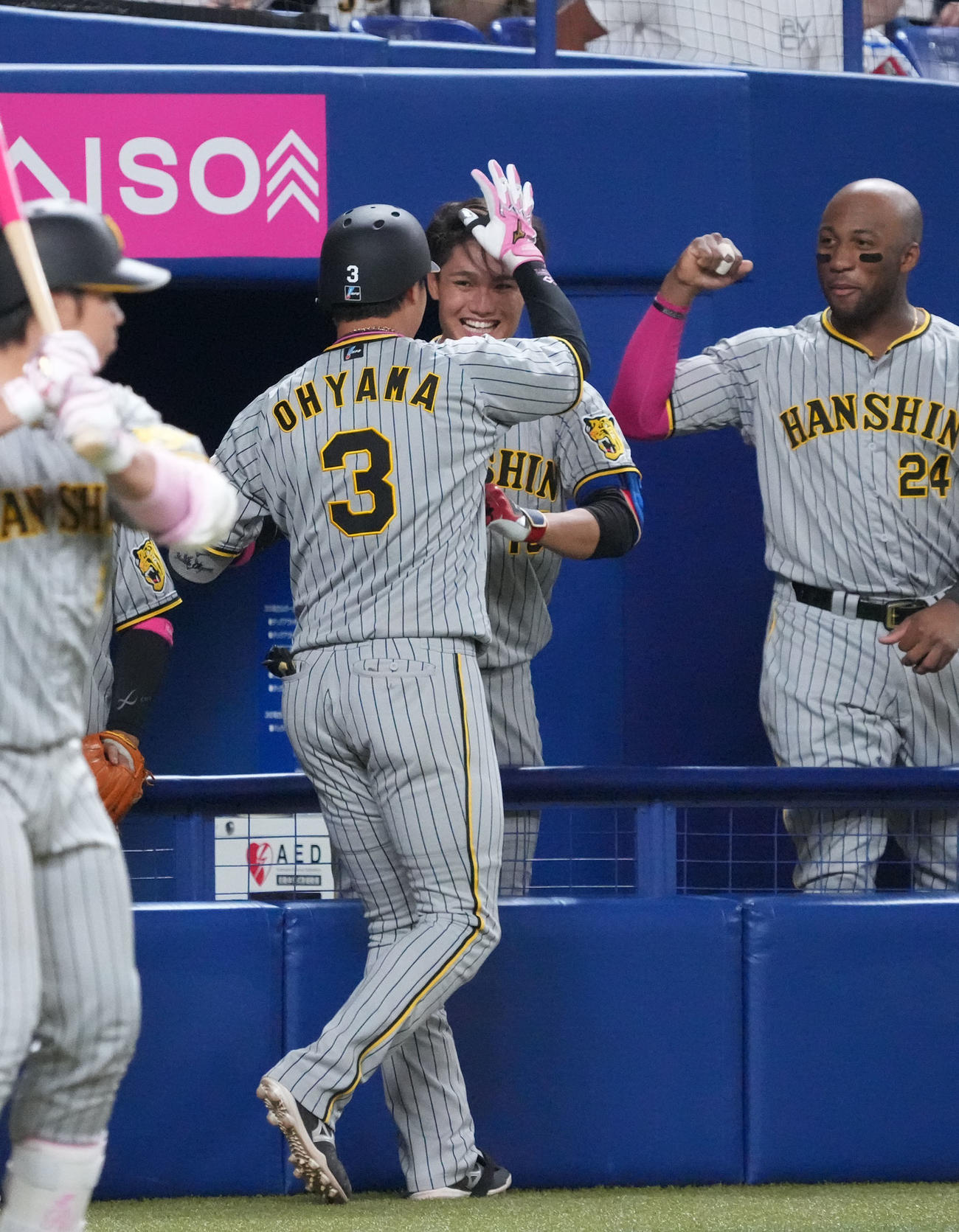 中日対阪神7回表阪神無死一塁、左中間スタンドへ2点本塁打を放った大山を迎える西純（中央）　（撮影・森本幸一）