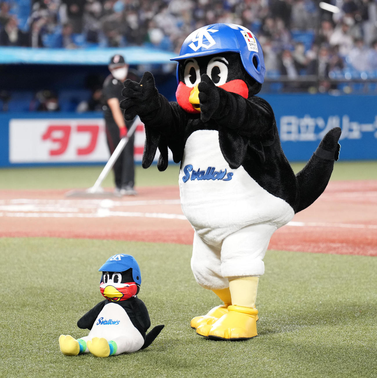 ヤクルト対中日　空中くるりんぱを失敗した後、ダチョウ倶楽部「ヤー！」を披露するつば九郎（撮影・鈴木みどり）