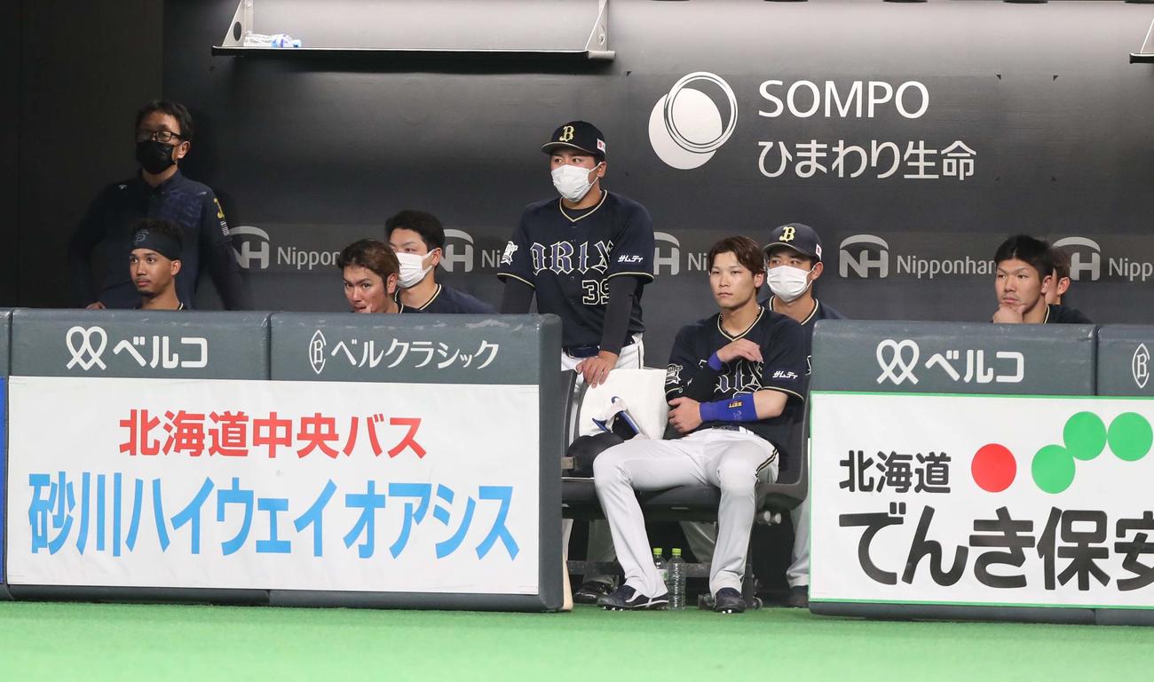 日本ハム対オリックス　ベンチで渋い表情のオリックスナイン（撮影・黒川智章）