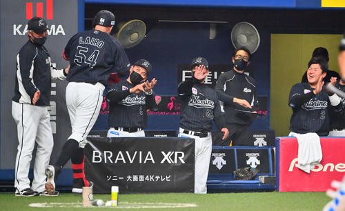 オリックス対ロッテ 8回表ロッテ2死、レアードの本塁打に井口監督とナイン(撮影・和賀正仁)