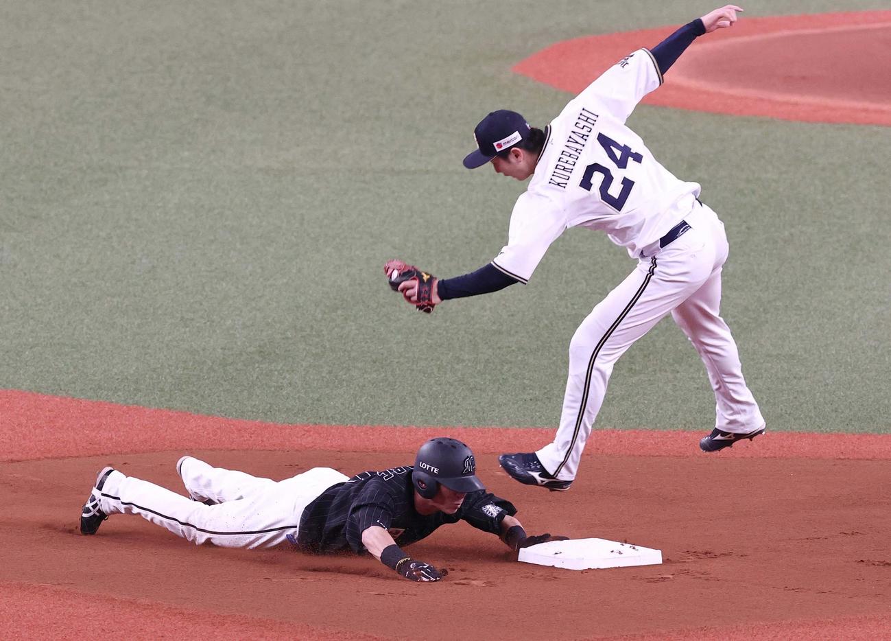 オリックス対ロッテ　1回表ロッテ無死一塁、二盗に成功する高部（撮影・上田博志）