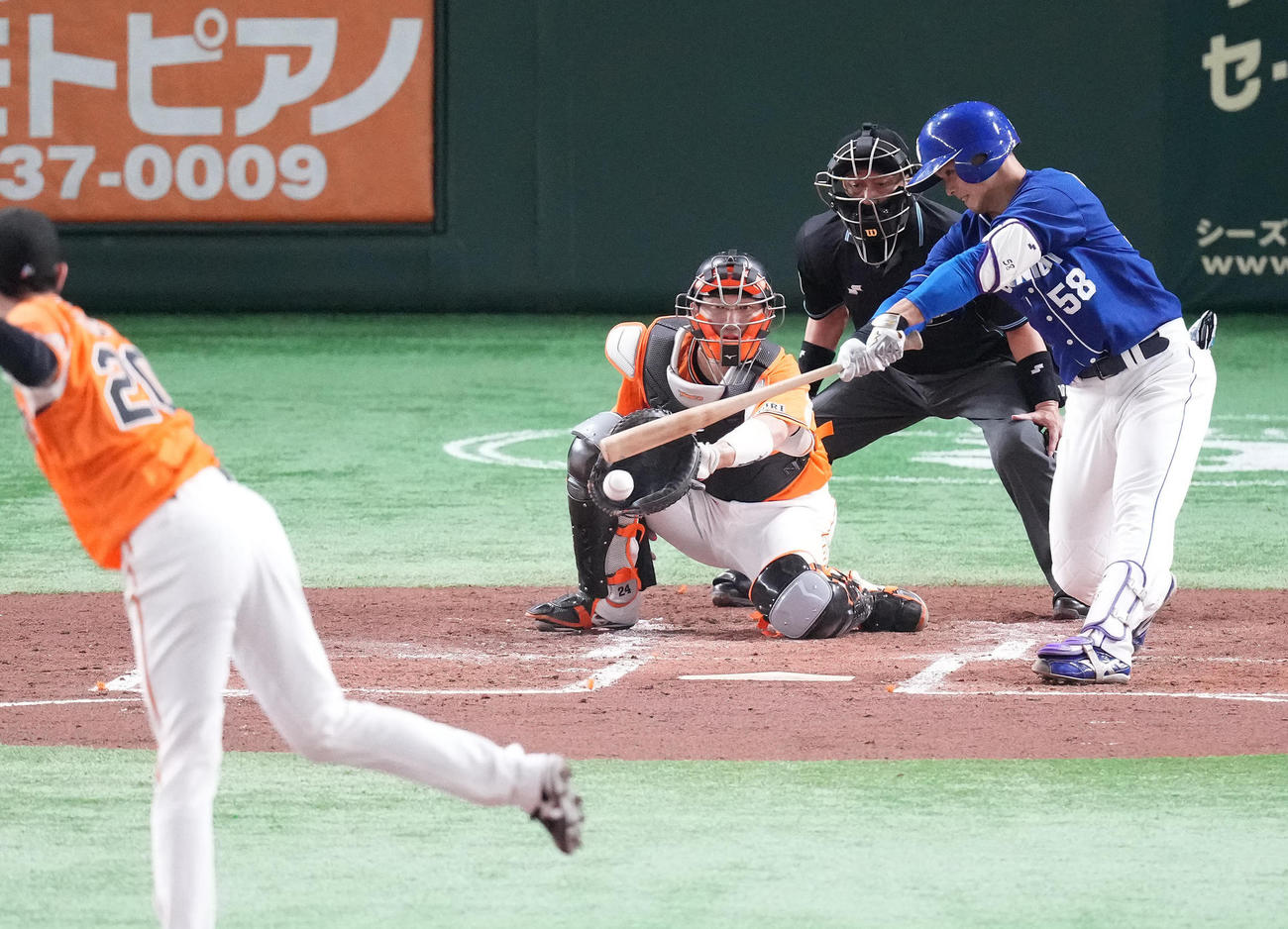 2回表中日2死一、二塁、中前適時打を放つ石橋。投手戸郷（撮影・鈴木みどり）