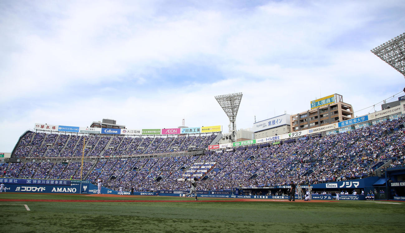 6回表阪神2死一塁、中野は右越え本塁打を放ち横浜スタジアム史上最多観客数3万2463人が見つめる前でダイヤモンドを1周する（撮影・加藤哉）