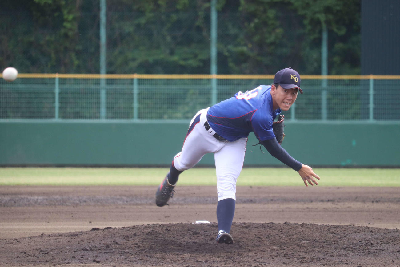 6回を投げ2安打1失点に抑えた神奈川大・先発の神野（撮影・保坂淑子）