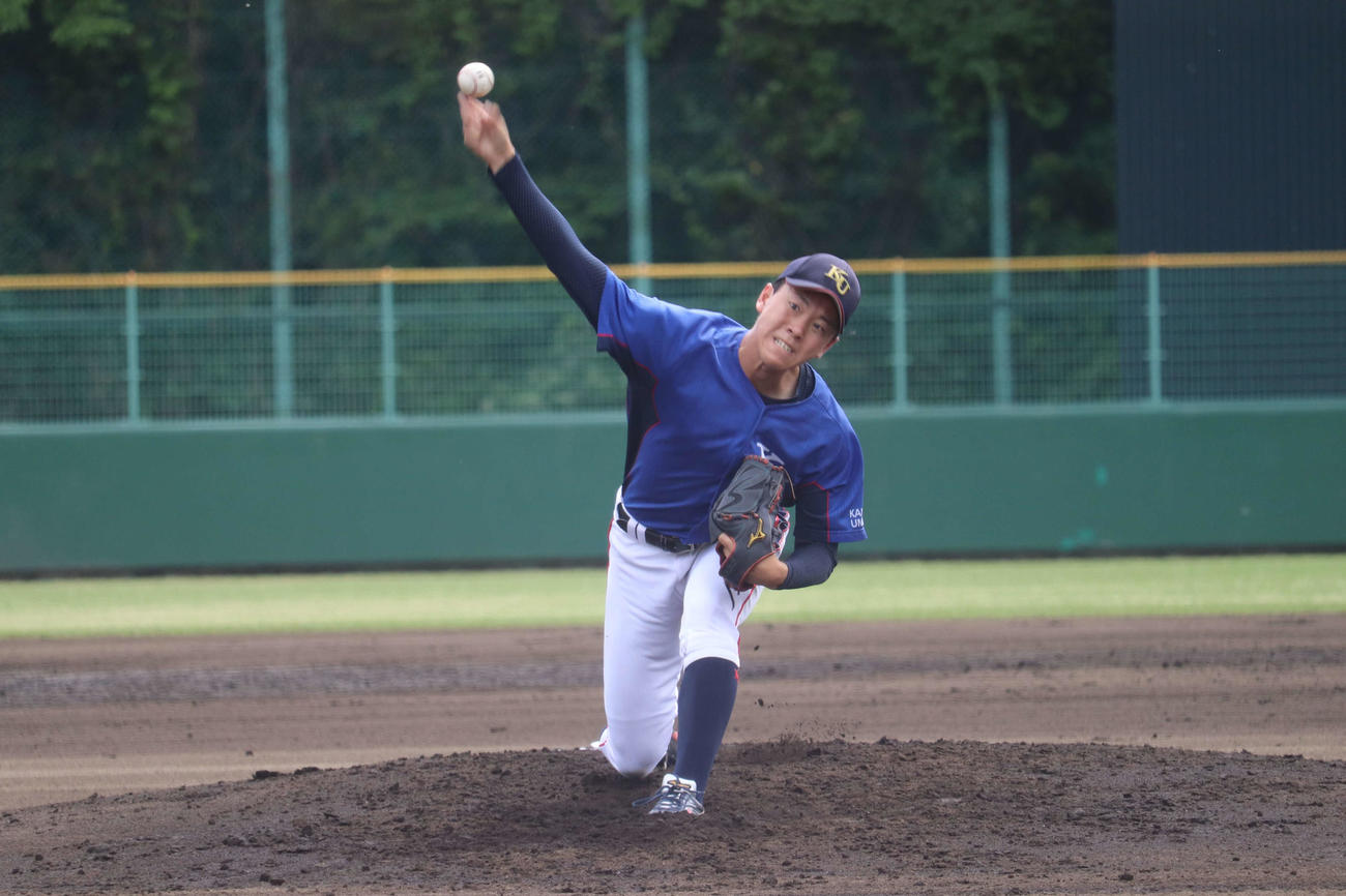 6回を投げ2安打1失点に抑えた神奈川大・先発の神野（撮影・保坂淑子）