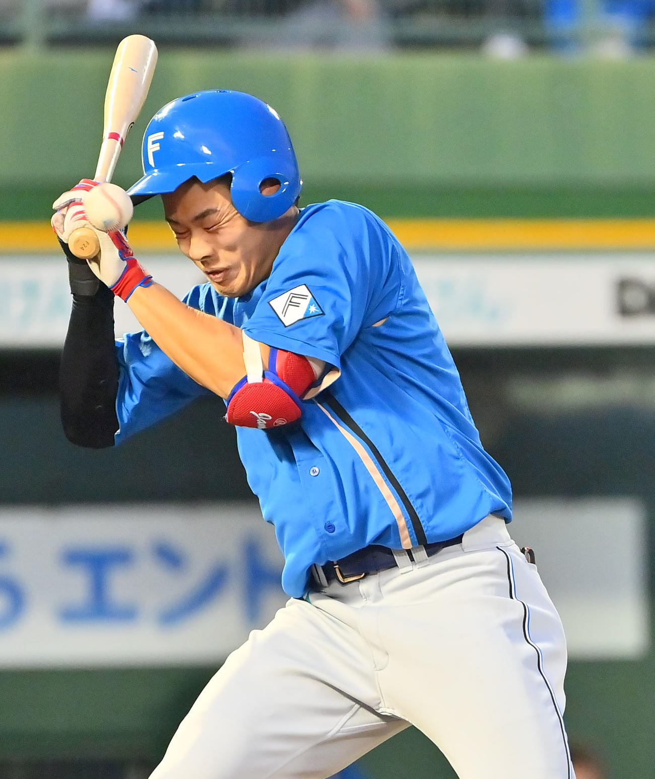 オリックス対日本ハム　4回表日本ハム1死二塁、山岡から頭部に死球を受ける野村（撮影・和賀正仁）