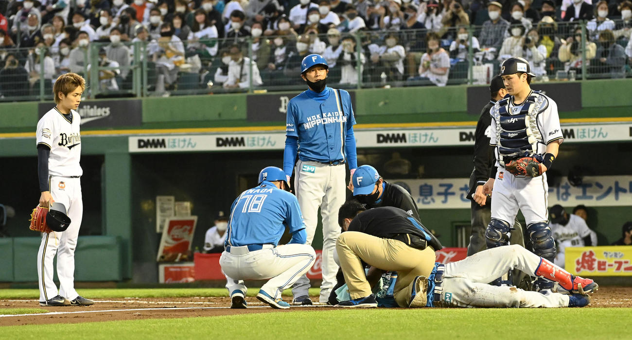 オリックス対日本ハム　4回表日本ハム1死二塁、野村の頭部に死球を与え心配そうに見守る山岡（左）（撮影・前岡正明）