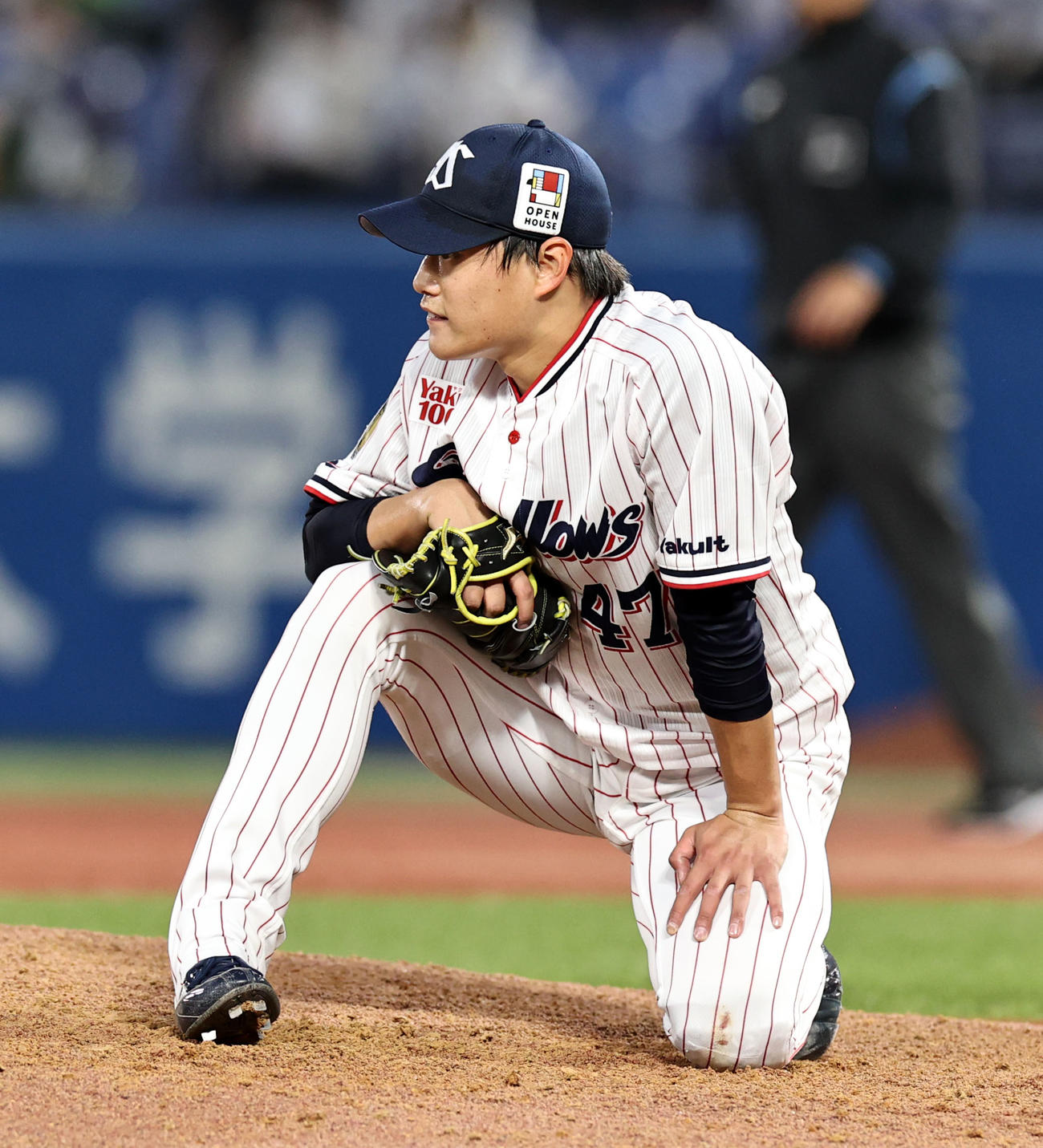 ヤクルト対阪神　3回表阪神2死一、三塁、大山に左越え3点本塁打を浴びて膝をつく高橋奎（撮影・加藤哉）