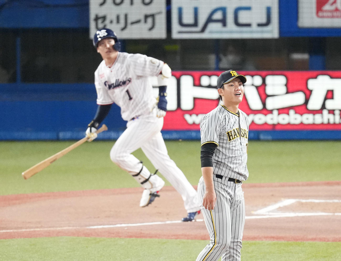 ヤクルト対阪神　6回裏ヤクルト2死、山田（奥）に本塁打を打たれる西純（撮影・菅敏）