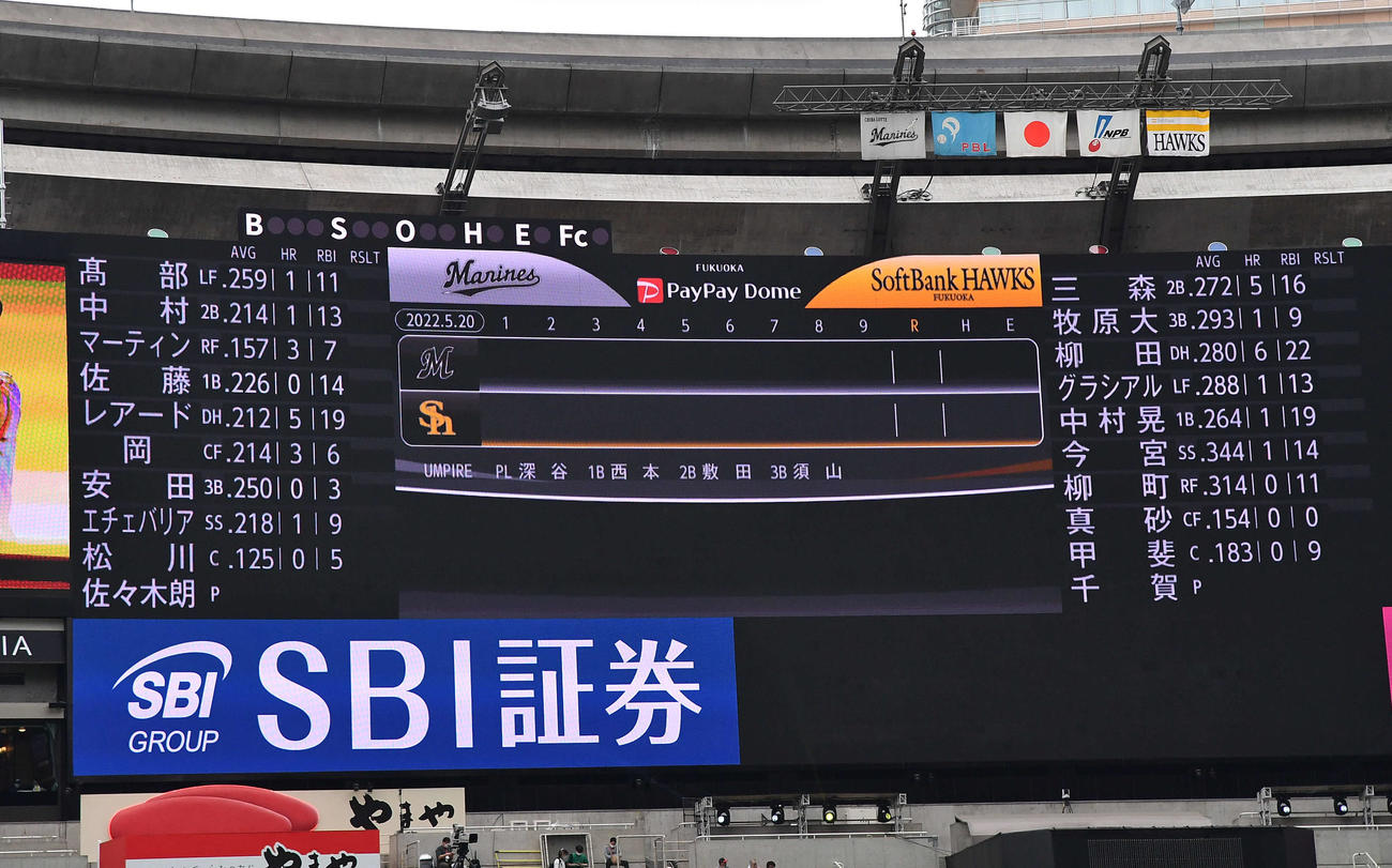 ソフトバンク対ロッテ9回戦の先発メンバー（撮影・岩下翔太）