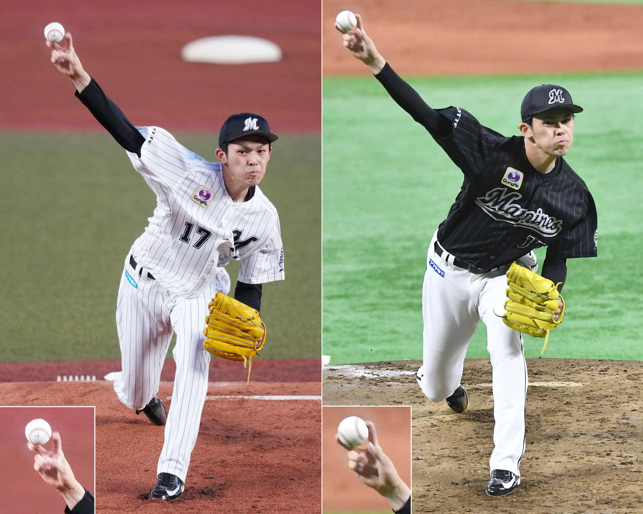 フォークを投げる佐々木朗希。左は21年、右は22年のもの