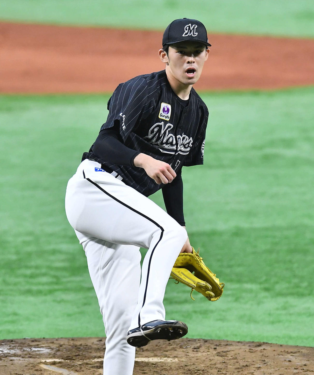 ソフトバンク対ロッテ　1回裏ソフトバンク2死、164キロの直球で柳田から三振を奪った佐々木朗（撮影・岩下翔太）