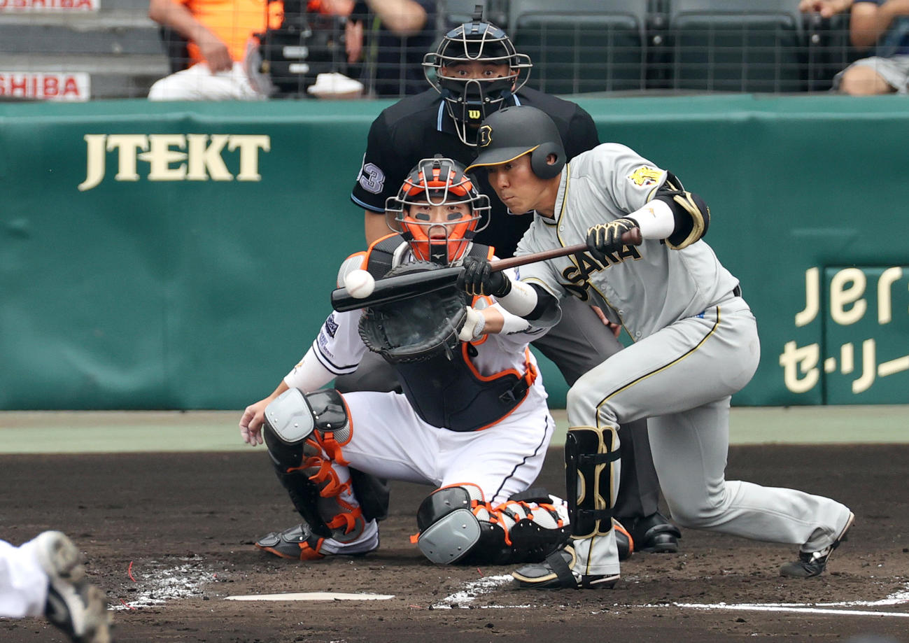 阪神対巨人　2回裏阪神無死一、三塁、長坂はセーフティースクイズを決める（撮影・上山淳一）