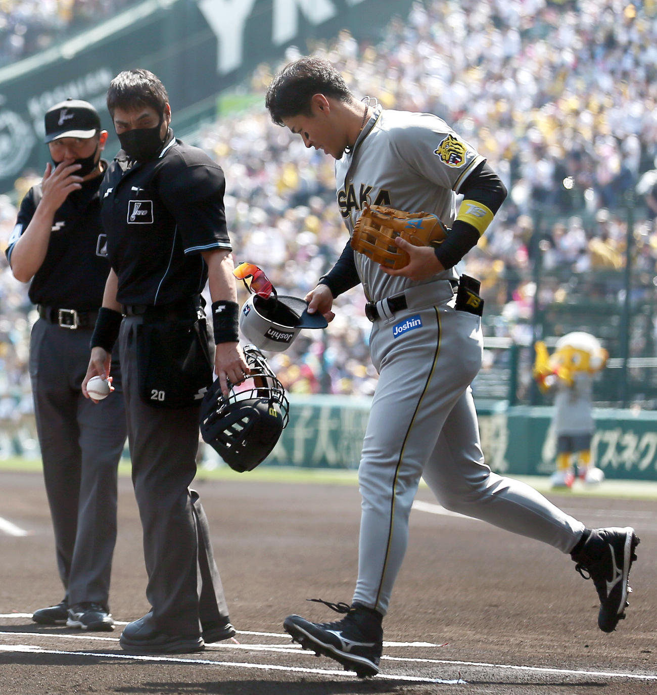 阪神対巨人　試合前、審判団にあいさつする阪神佐藤輝（手前）。中央は白井主審（撮影・上山淳一）