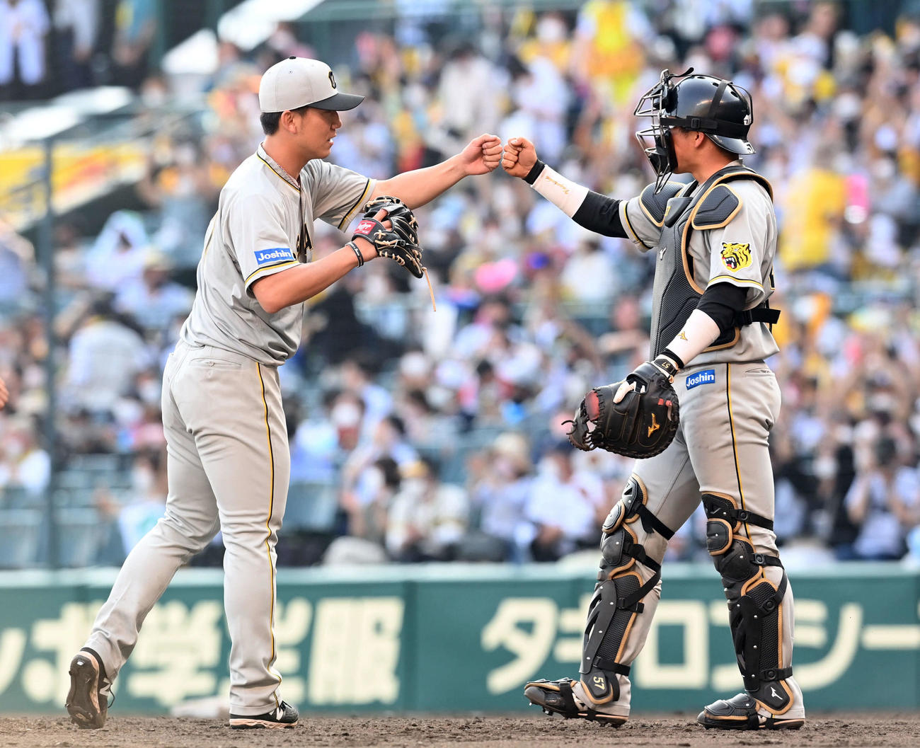完封勝利を飾り、捕手の長坂拳弥とグータッチする阪神伊藤将（撮影・たえ見朱実）