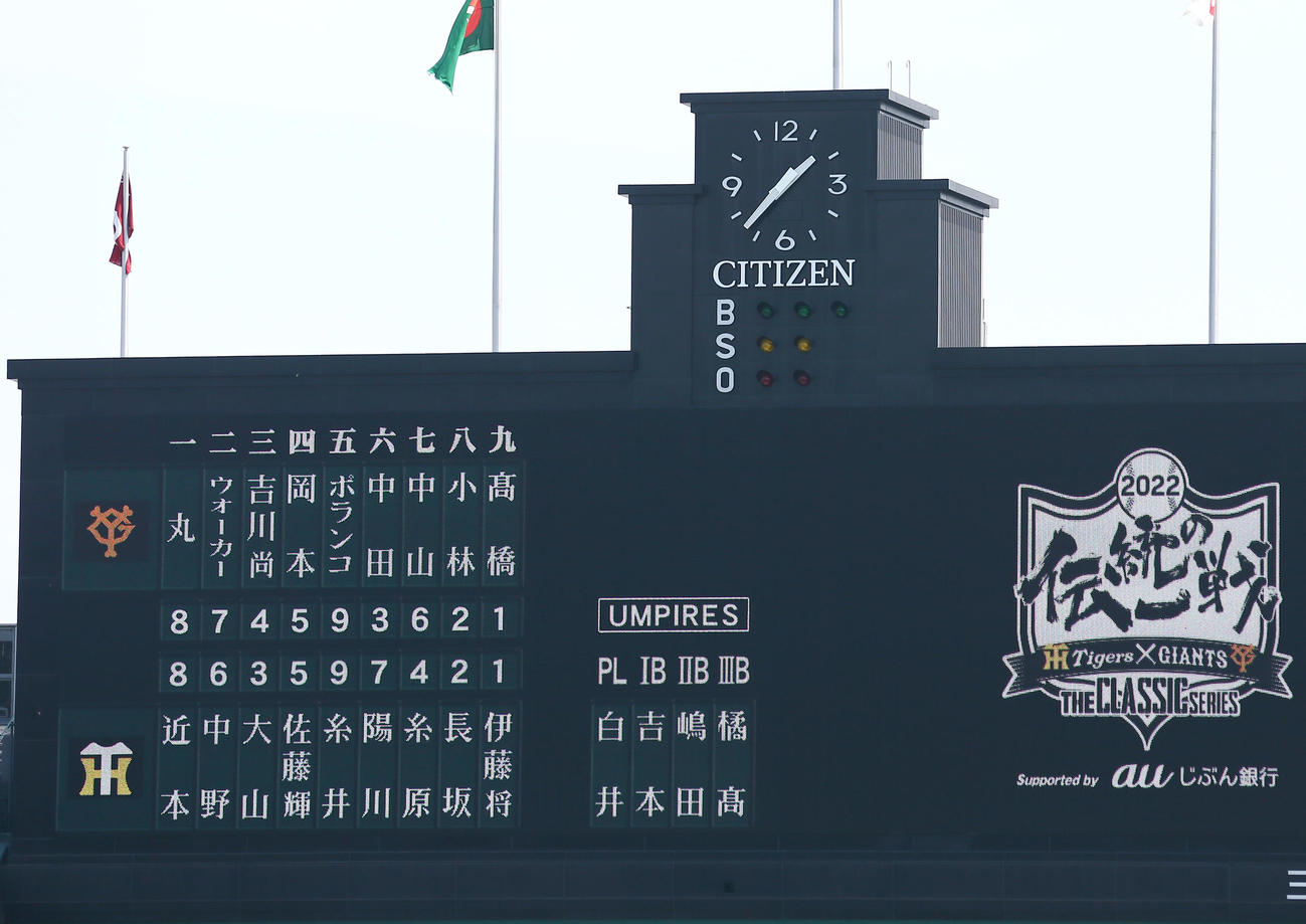 阪神対巨人　両チームのスタメン（撮影・上山淳一）