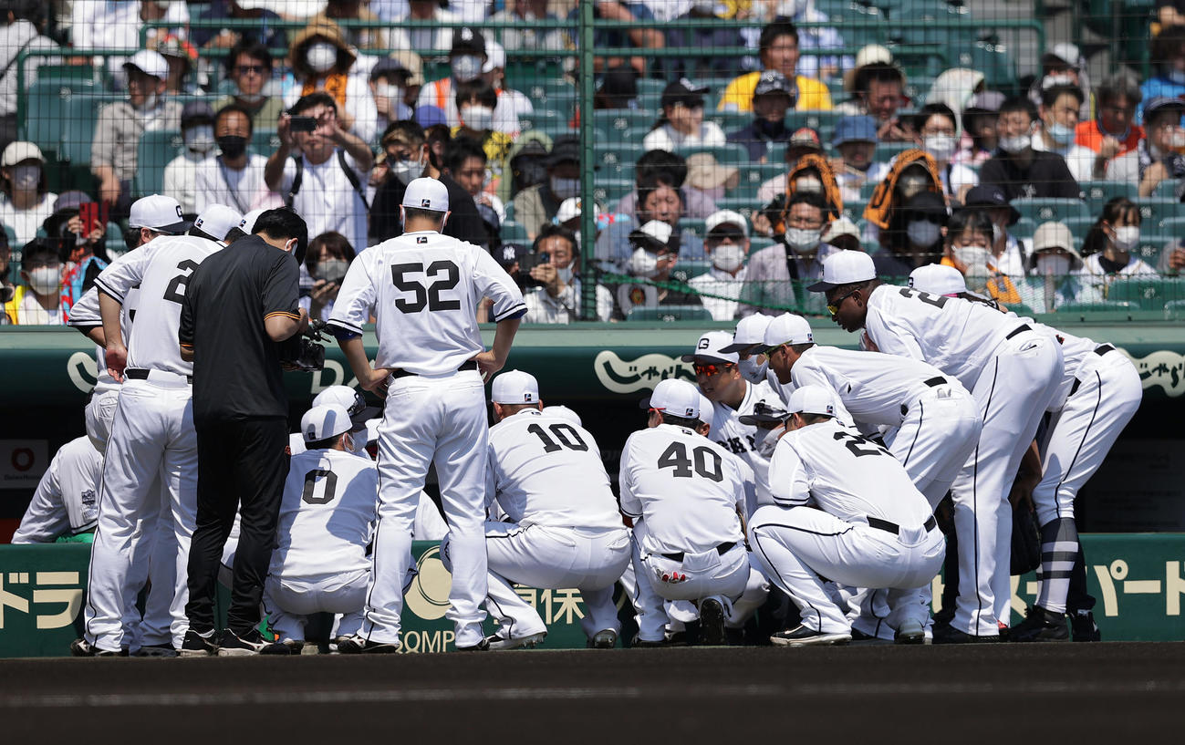 阪神対巨人　試合前、円陣を組む巨人ナイン（撮影・前田充）