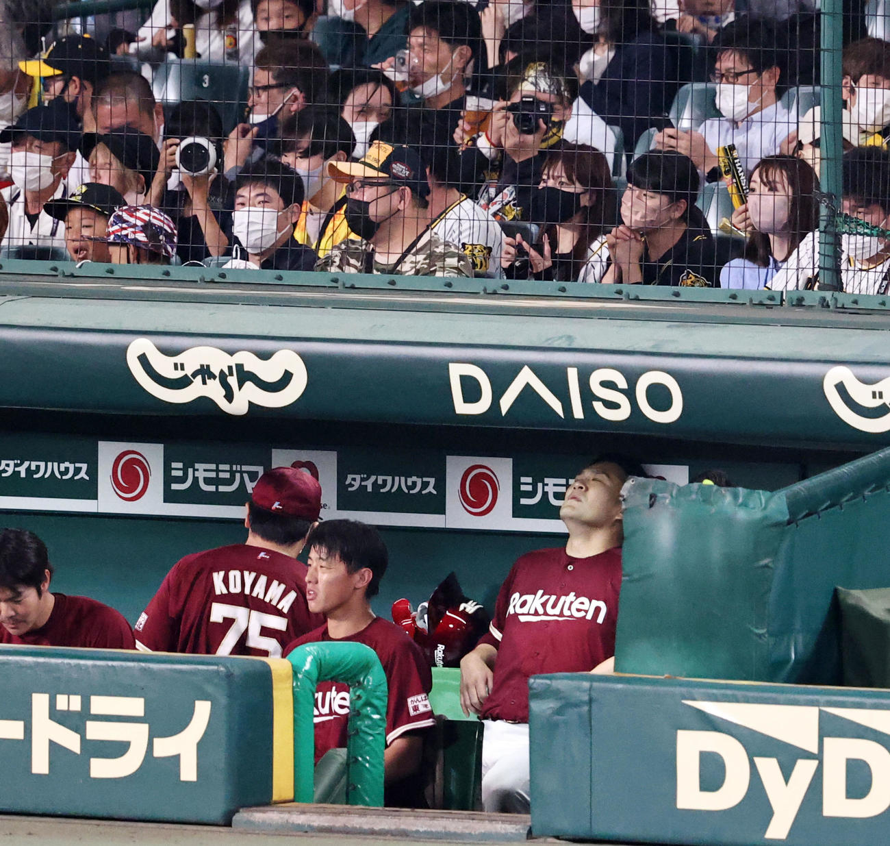 阪神対楽天　6回裏、失点した田中将はベンチに戻って遠くを見つめる（撮影・加藤哉）