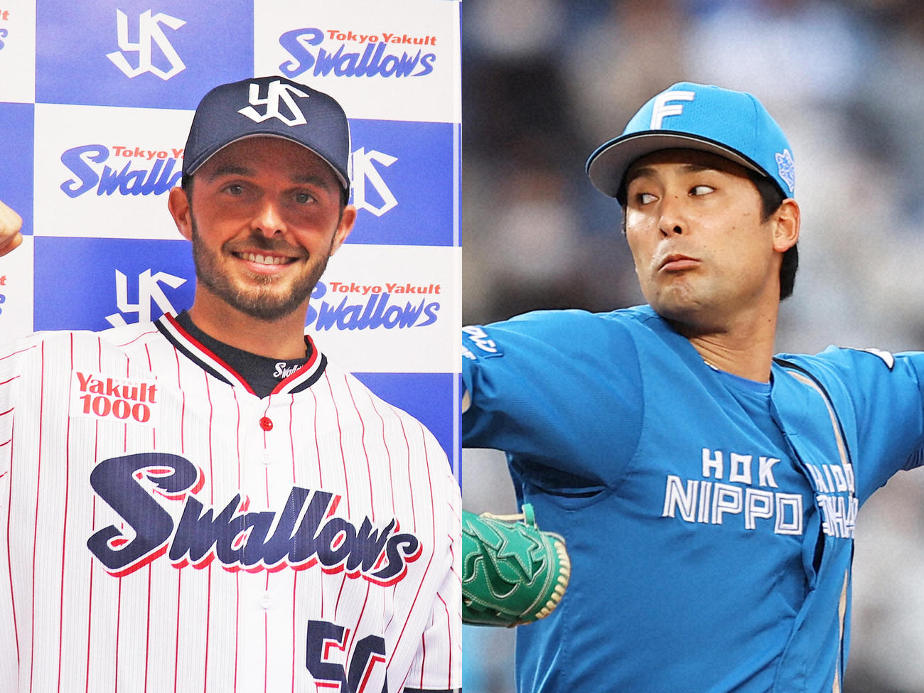 ヤクルト・スアレス（左）と日本ハム上原