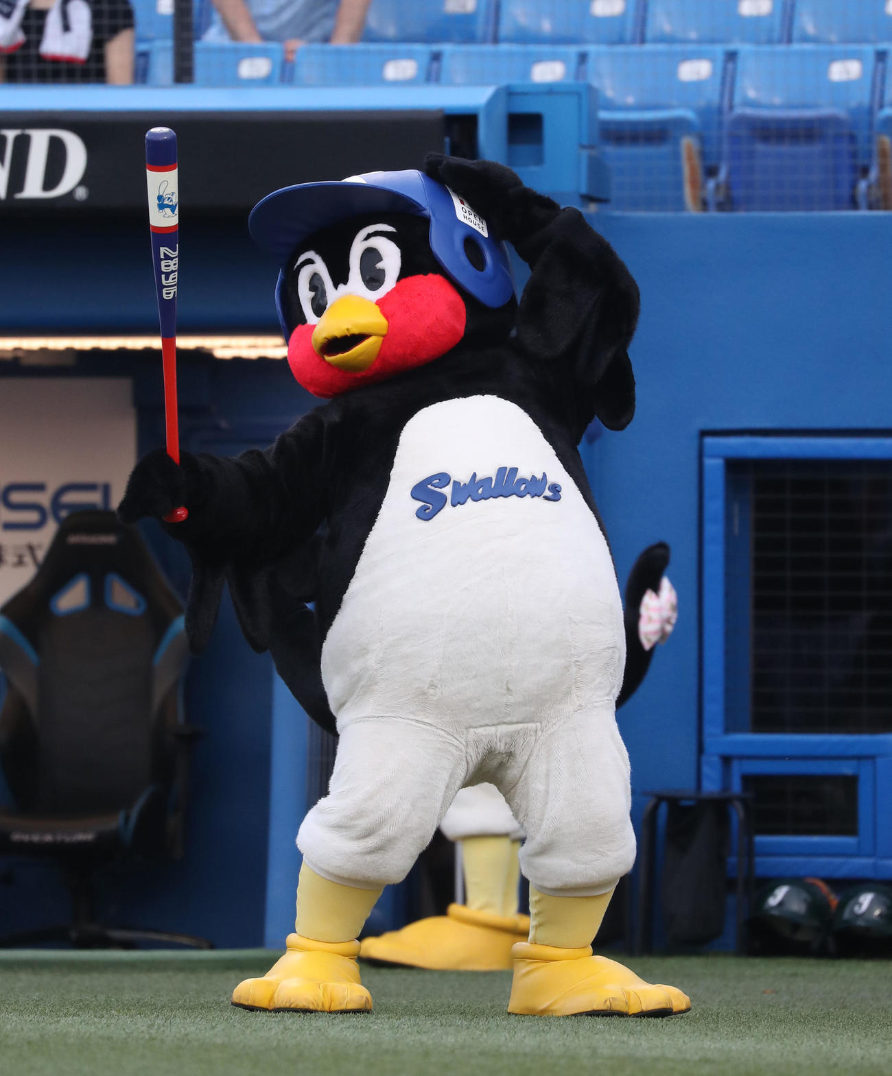 ヤクルト対日本ハム　試合前、日本ハム清宮の誕生日を祝い打撃フォームのものまねを披露するつば九郎（撮影・佐藤翔太）
