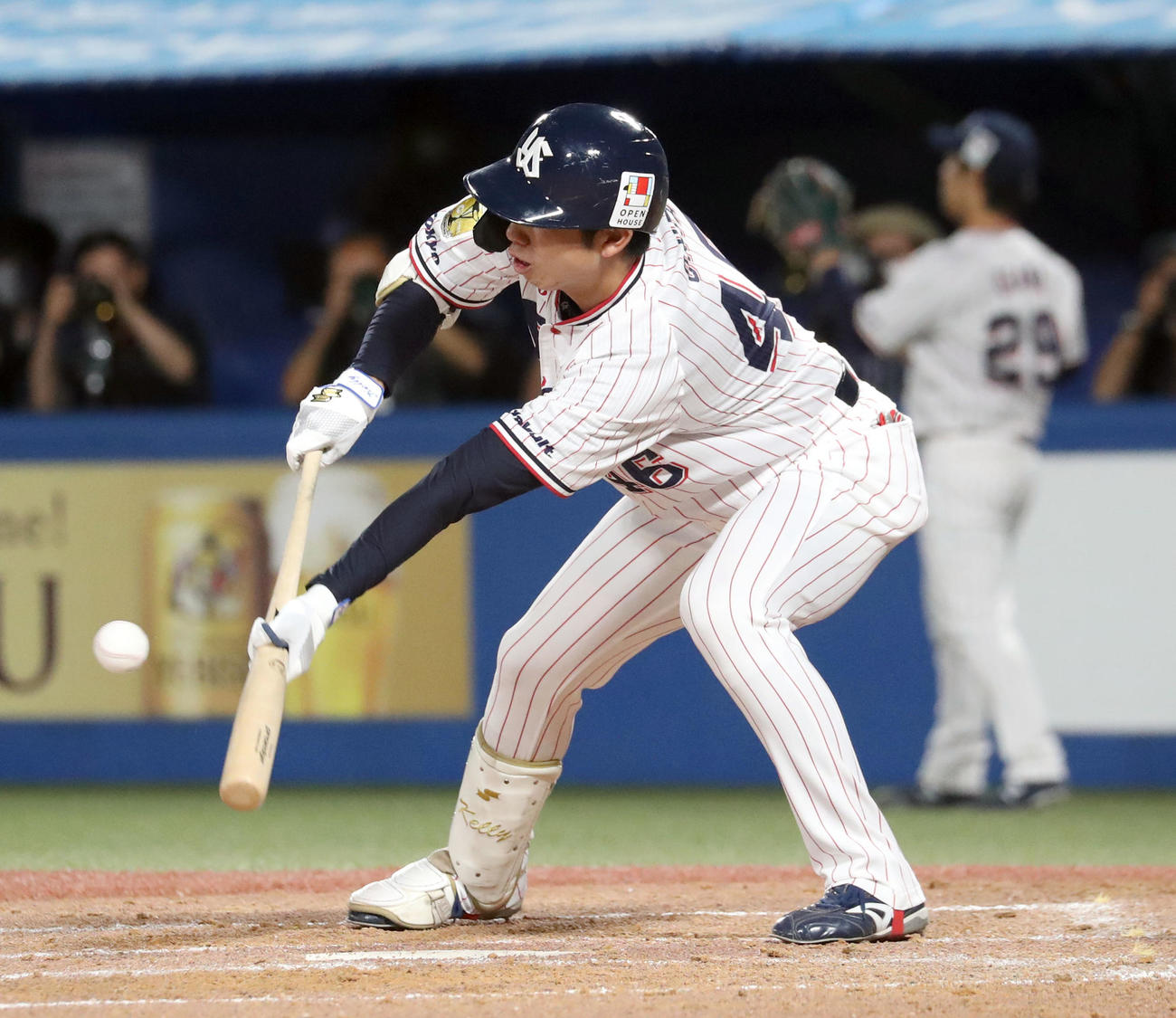 ヤクルト対日本ハム　4回裏ヤクルト1死一、三塁、太田は同点となるセーフティースクイズを決める（撮影・佐藤翔太）