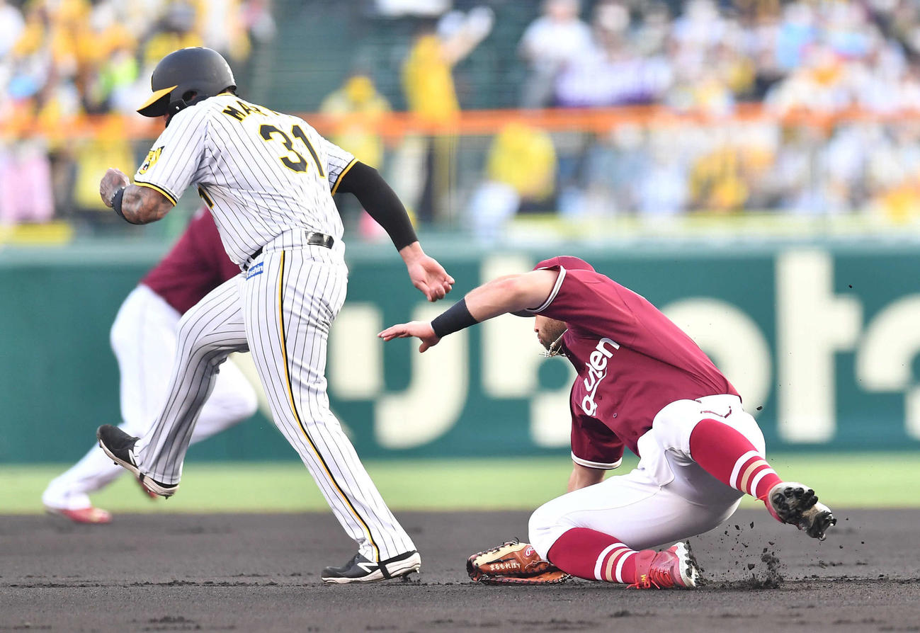 阪神対楽天　1回裏阪神2死一塁、佐藤輝の一ゴロで一塁手マルモレホス（右）と交錯する一塁走者マルテ（撮影・岩下翔太）