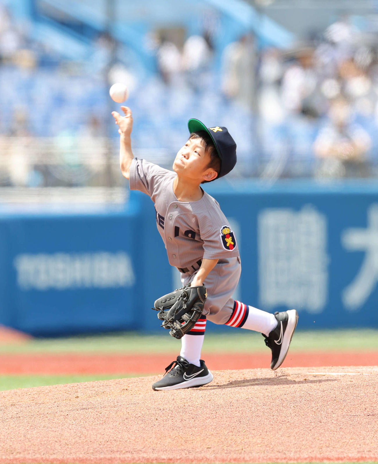 早大対慶大　始球式を務める国久さん（撮影・井上学）