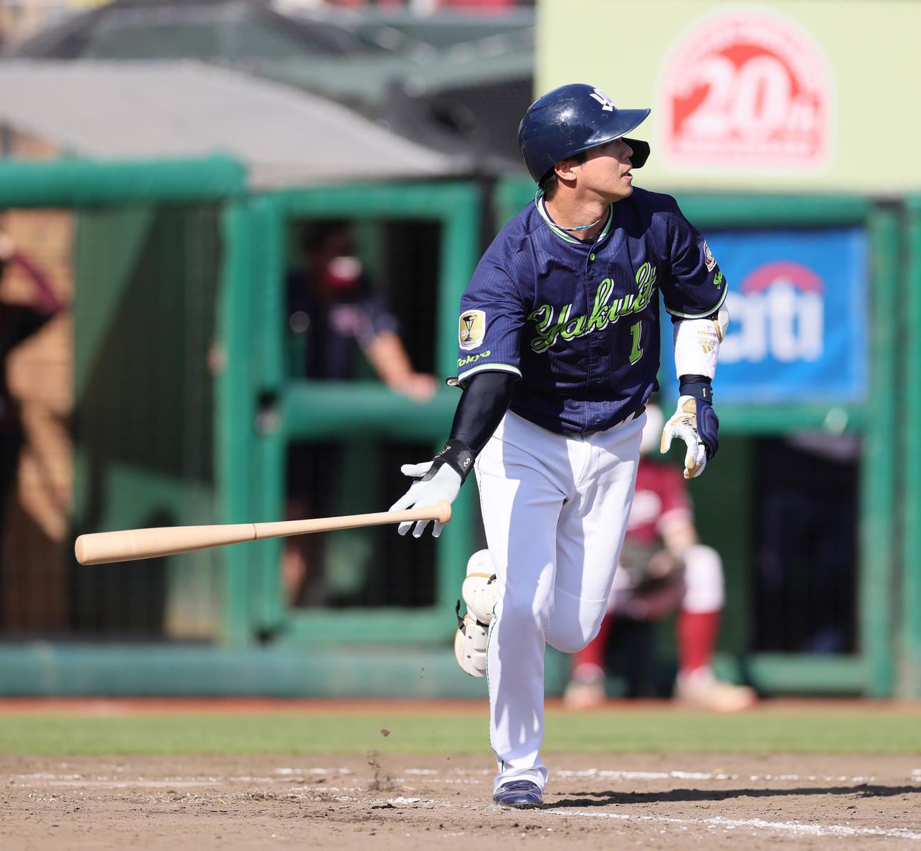 楽天対ヤクルト　5回表ヤクルト2死一塁、山田は左越え本塁打を放つ（撮影・足立雅史）