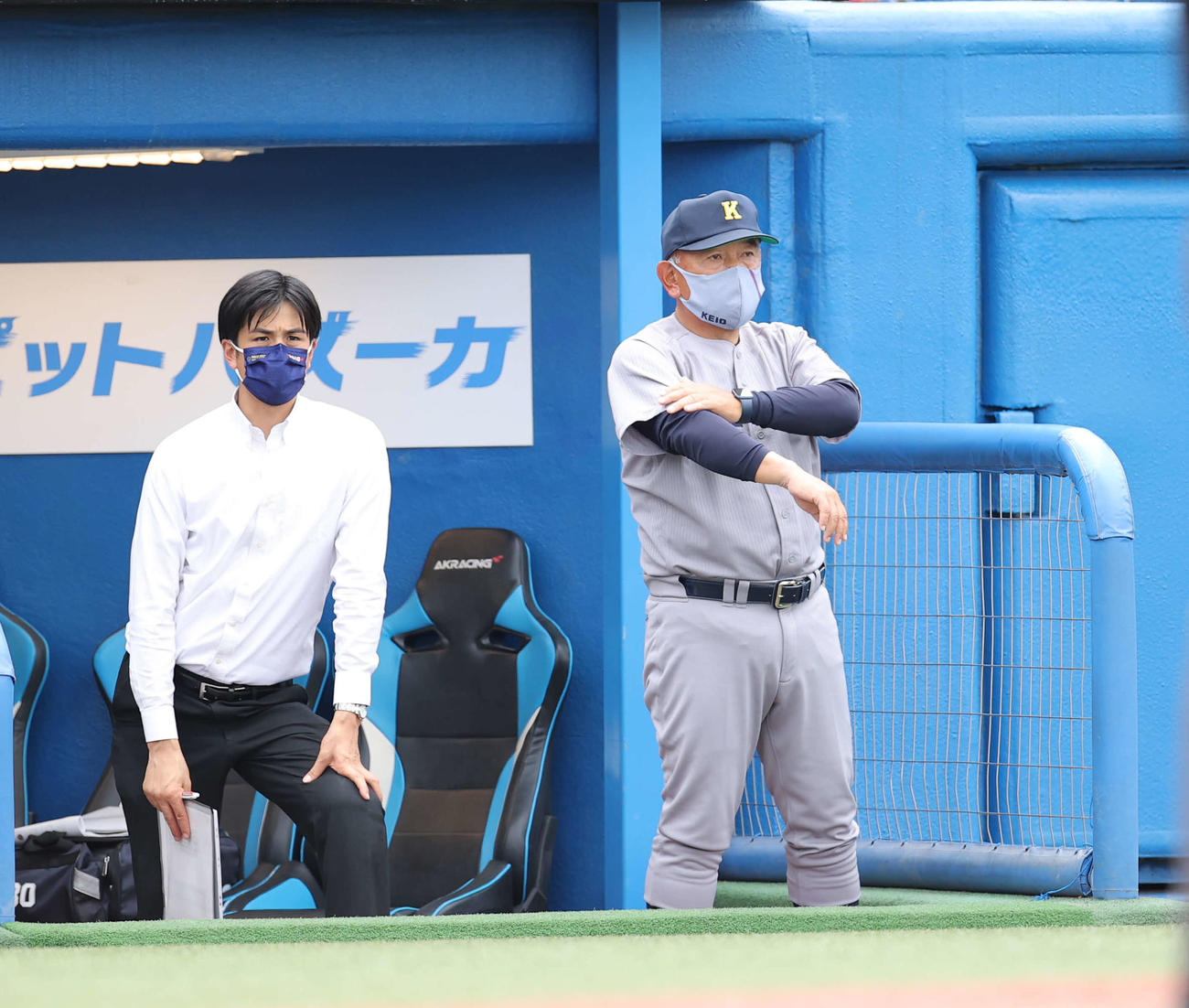 早大対慶大　サインを出す慶大・堀井監督（撮影・井上学）
