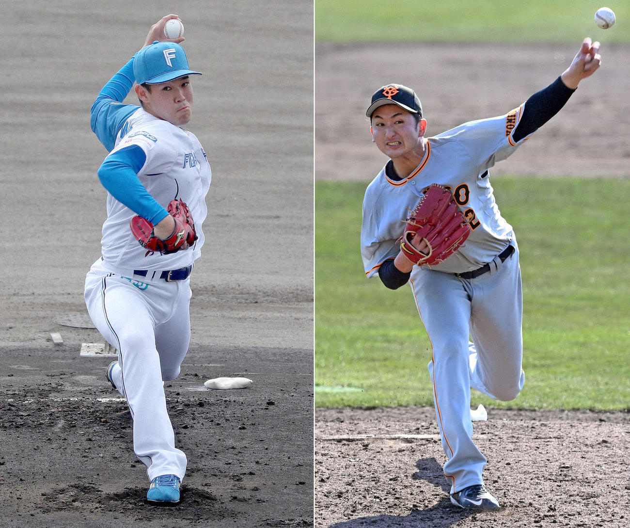 左から日本ハム根本悠楓、巨人横川凱