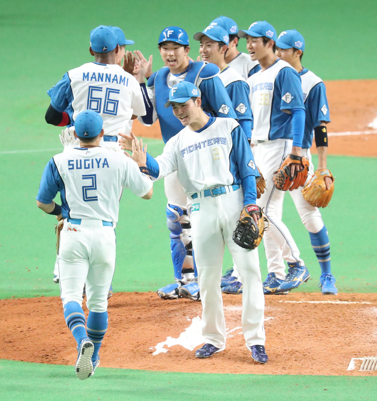 日本ハム対巨人　試合終了後、勝利を喜び合う日本ハムナイン（撮影・佐藤翔太）