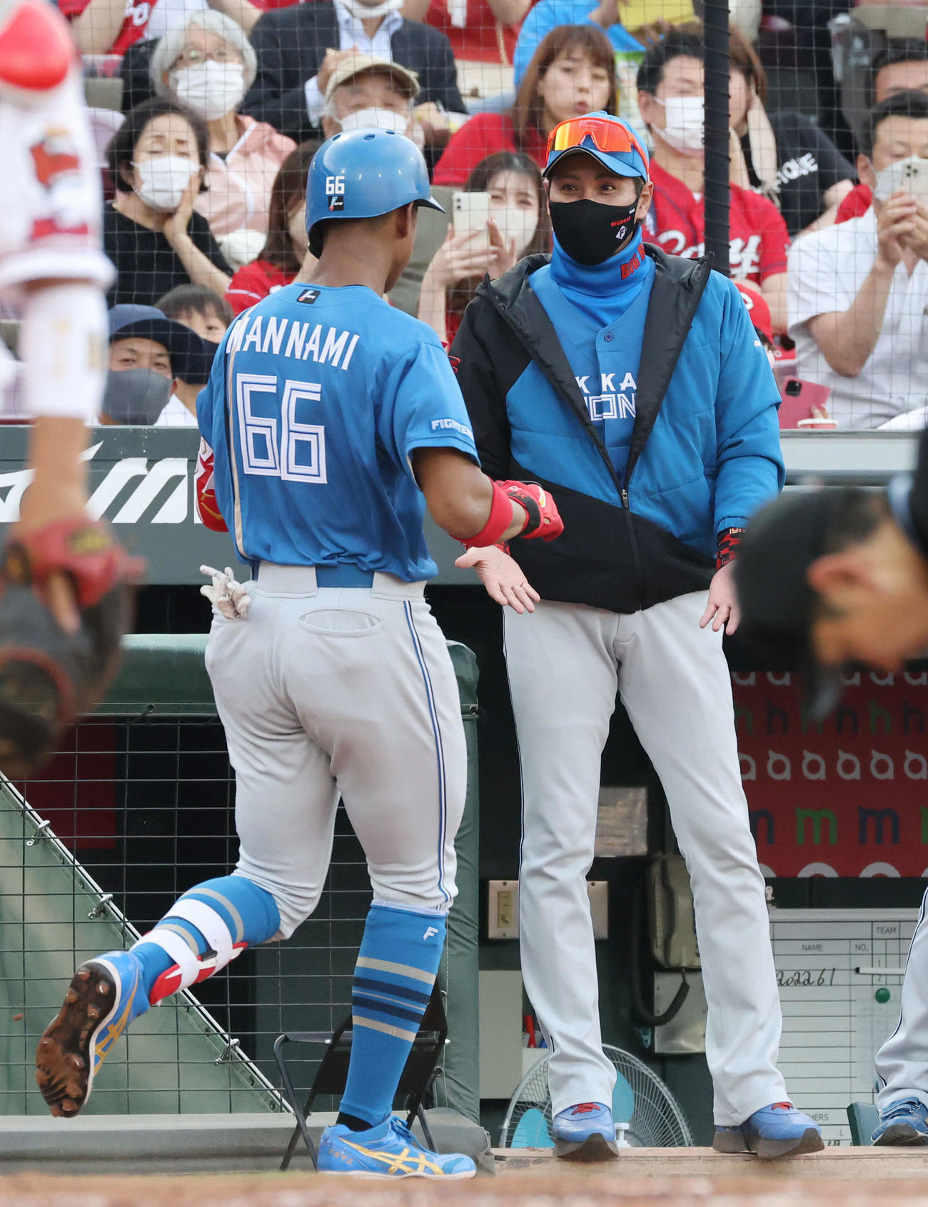 広島対日本ハム　2回表日本ハム無死、新庄監督（右）は中越え先制本塁打を放った万波を迎える（撮影・加藤孝規）