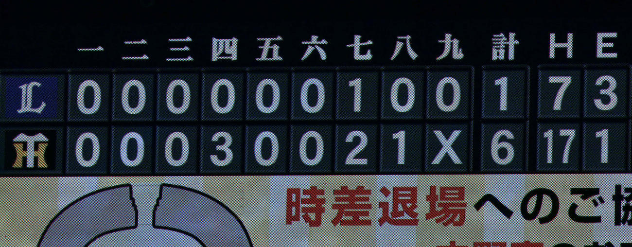 阪神対西武　阪神勝利のスコアボード（撮影・前岡正明）