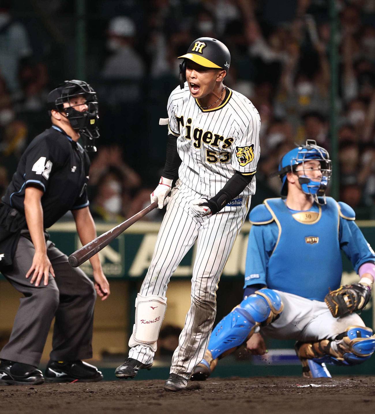 阪神対日本ハム　8回裏阪神1死満塁、島田は勝ち越し押し出し四球を選び、雄たけびをあげる（撮影・上田博志）