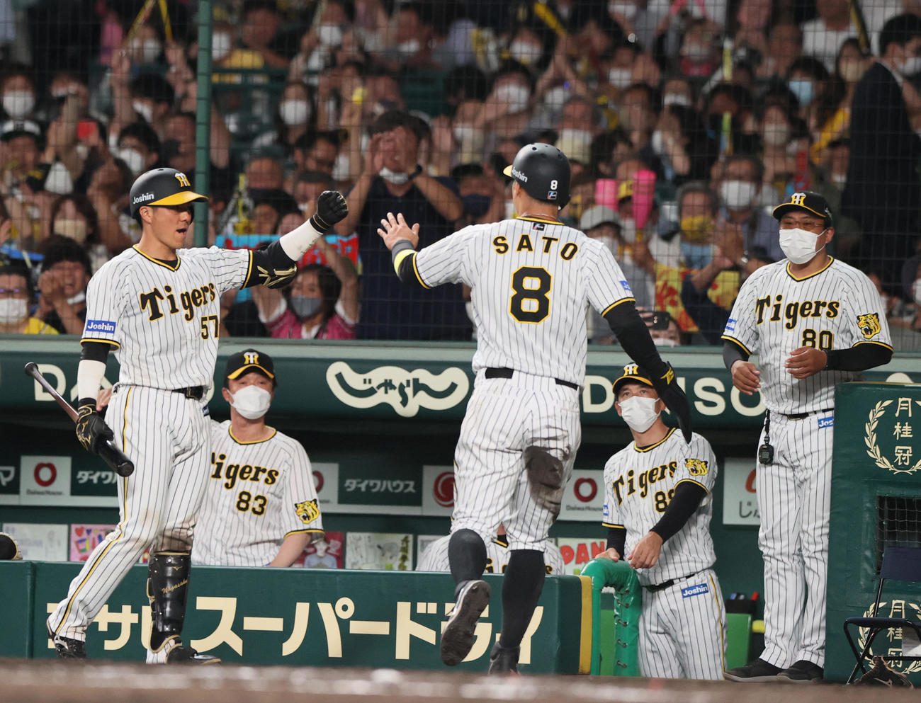 阪神対日本ハム　6回表阪神無死一、二塁、佐藤輝明手前）は糸原の右前適時打で生還する（撮影・上山淳一）