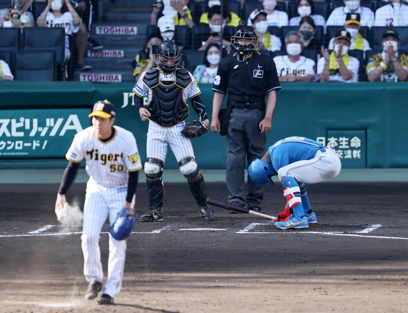 阪神対日本ハム　7回表日本ハム無死、万波は三振に倒れ打席で背中を丸める。投手は青柳（撮影・加藤哉）