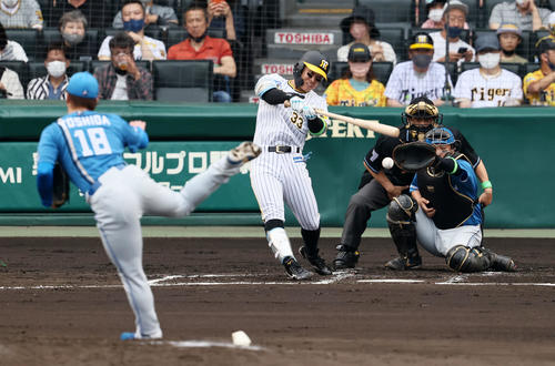 阪神対日本ハム　2回裏阪神無死、糸原は中前打を放つ。投手は吉田（撮影・加藤哉）