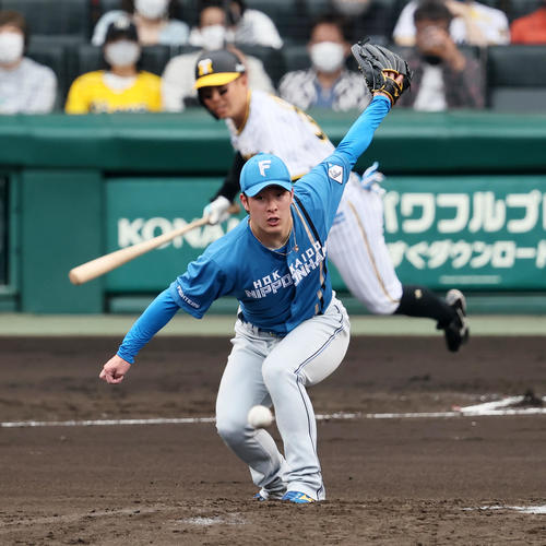 阪神対日本ハム　2回裏阪神無死、吉田は糸原の打球にグラブを伸ばす（撮影・加藤哉）