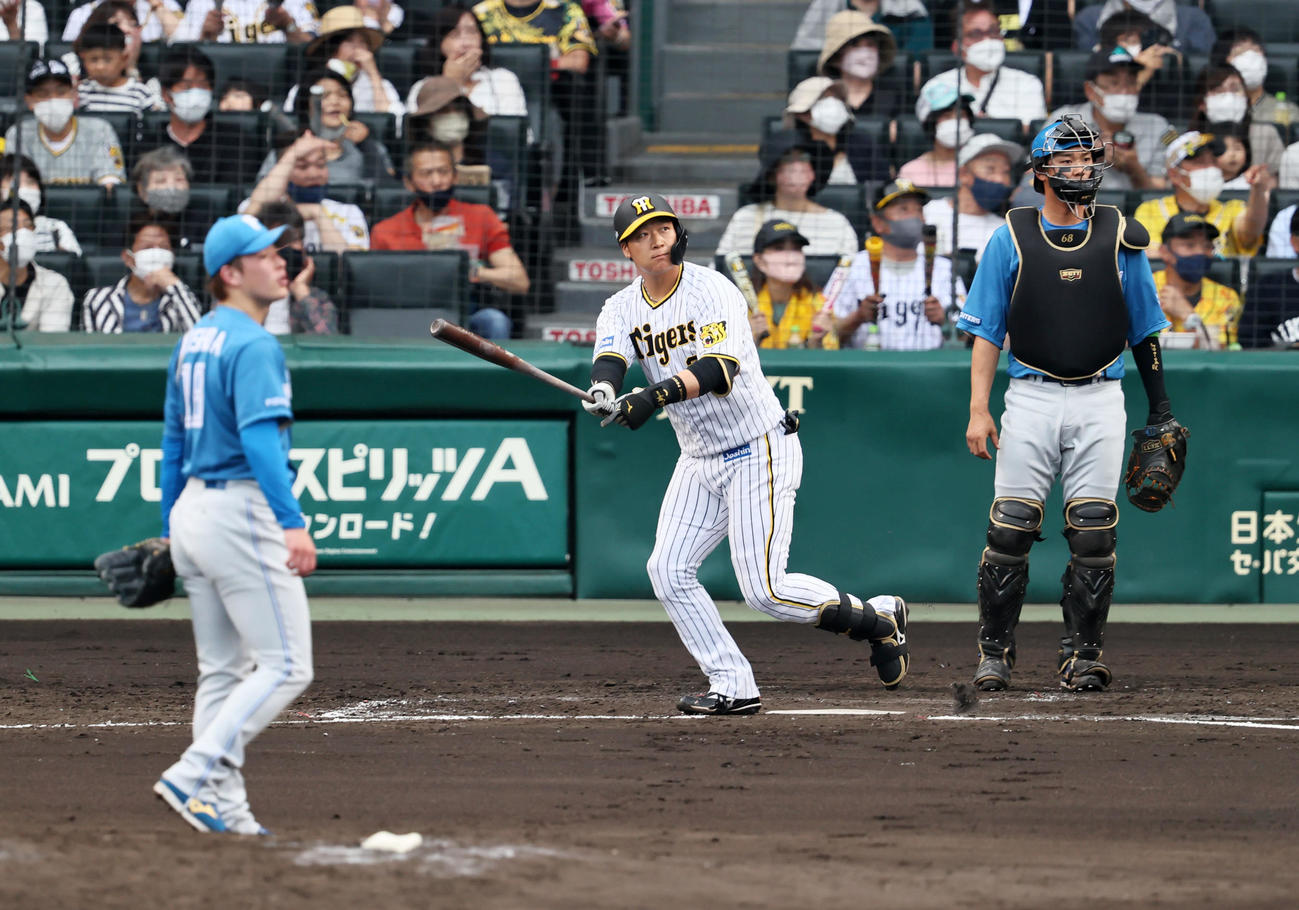 阪神対日本ハム　3回裏阪神2死一、三塁、大山は左越え3点本塁打を放つ。投手は吉田（撮影・加藤哉）