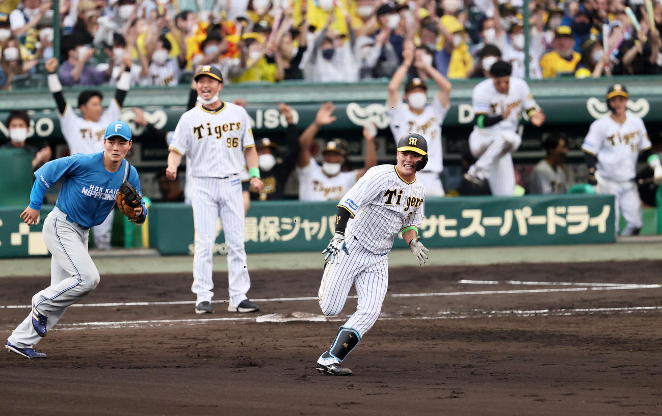 阪神対日本ハム　8回裏阪神2死満塁、小野寺は右越え打を放ち、歓喜するナインをバックに全力で一塁を回る（撮影・加藤哉）